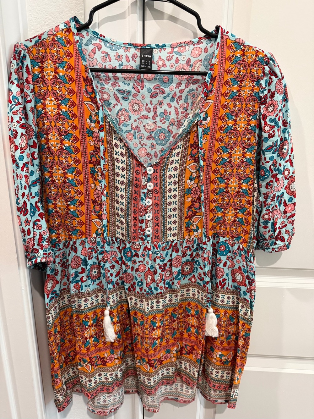 SHEIN Multicolor Floral Boho V-Neck Tunic with Tassels